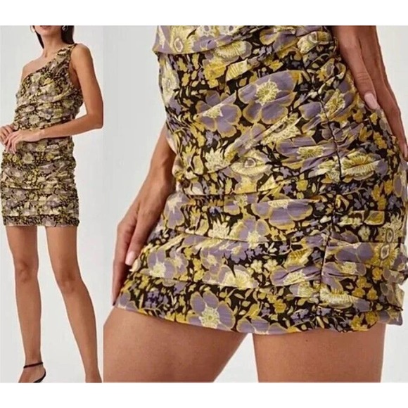 Zara One Shoulder Metallic Floral Ruched Mini Dress with Draping Bodycon XS NEW - Picture 3 of 6